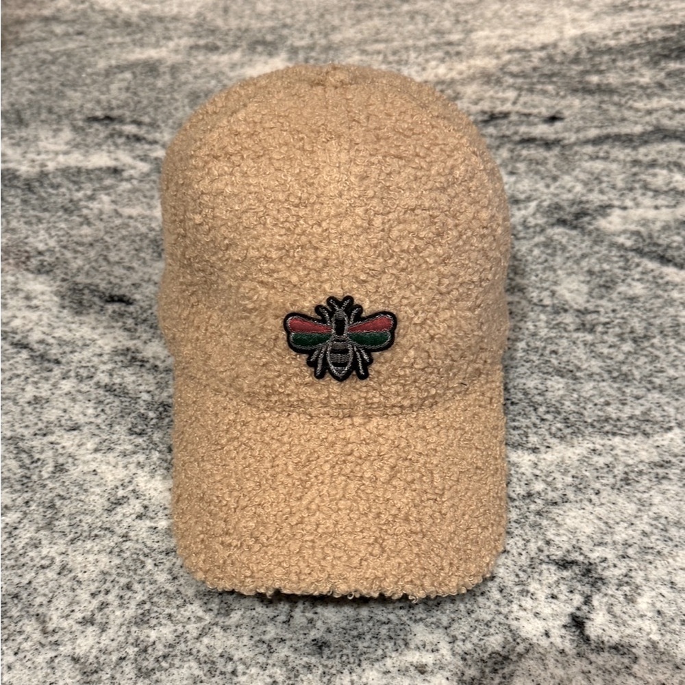New Custom Designed Tan Fleece Teddy Baseball Cap w/ Green and Gucci Like Bee.